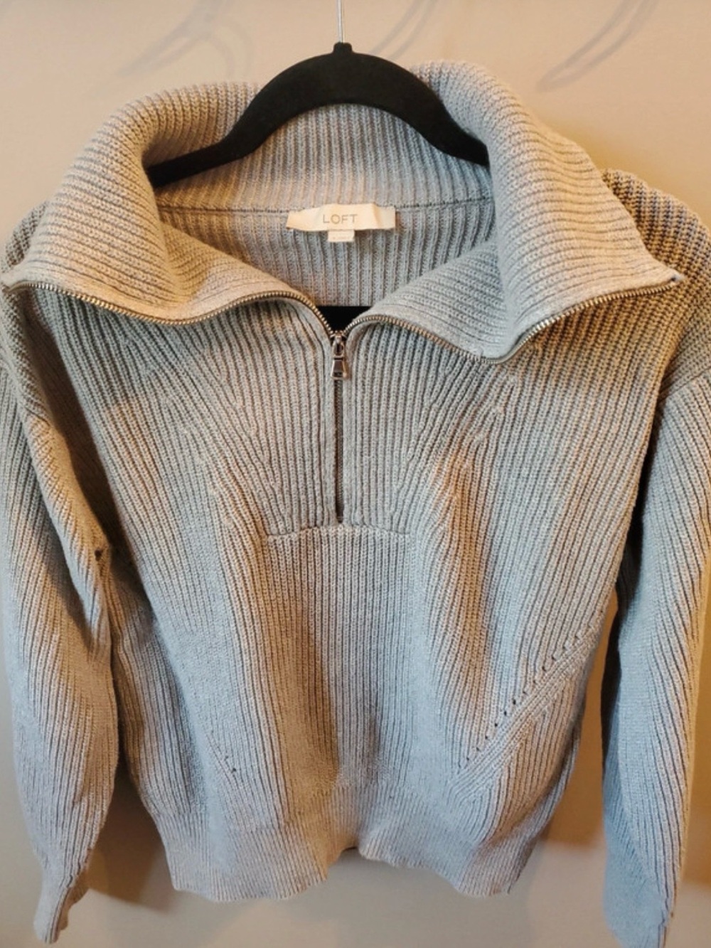 LOFT Light Gray Ribbed Half-Zip Cowl Sweater